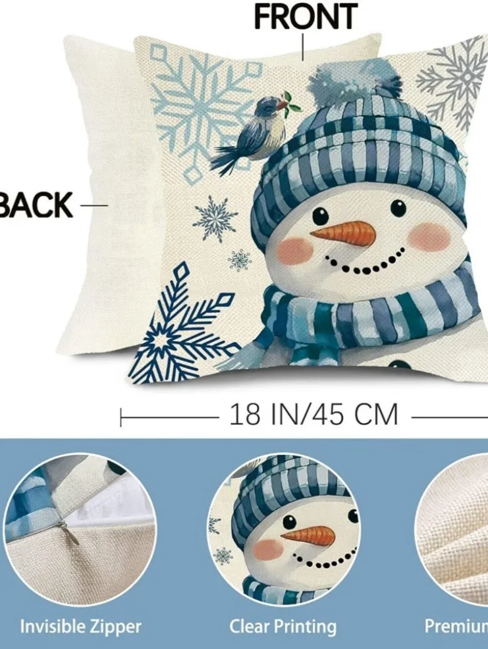 Holiday Snowman & Plaid Blue Decorative Throw Pillow Covers - Set of 4. NEW.